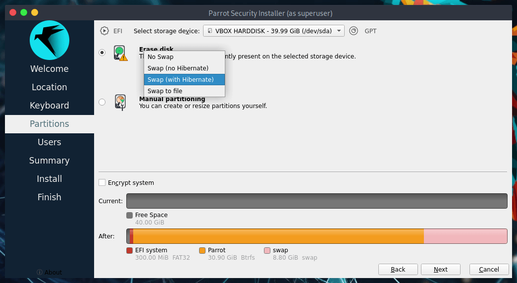 選擇磁區選擇swap
